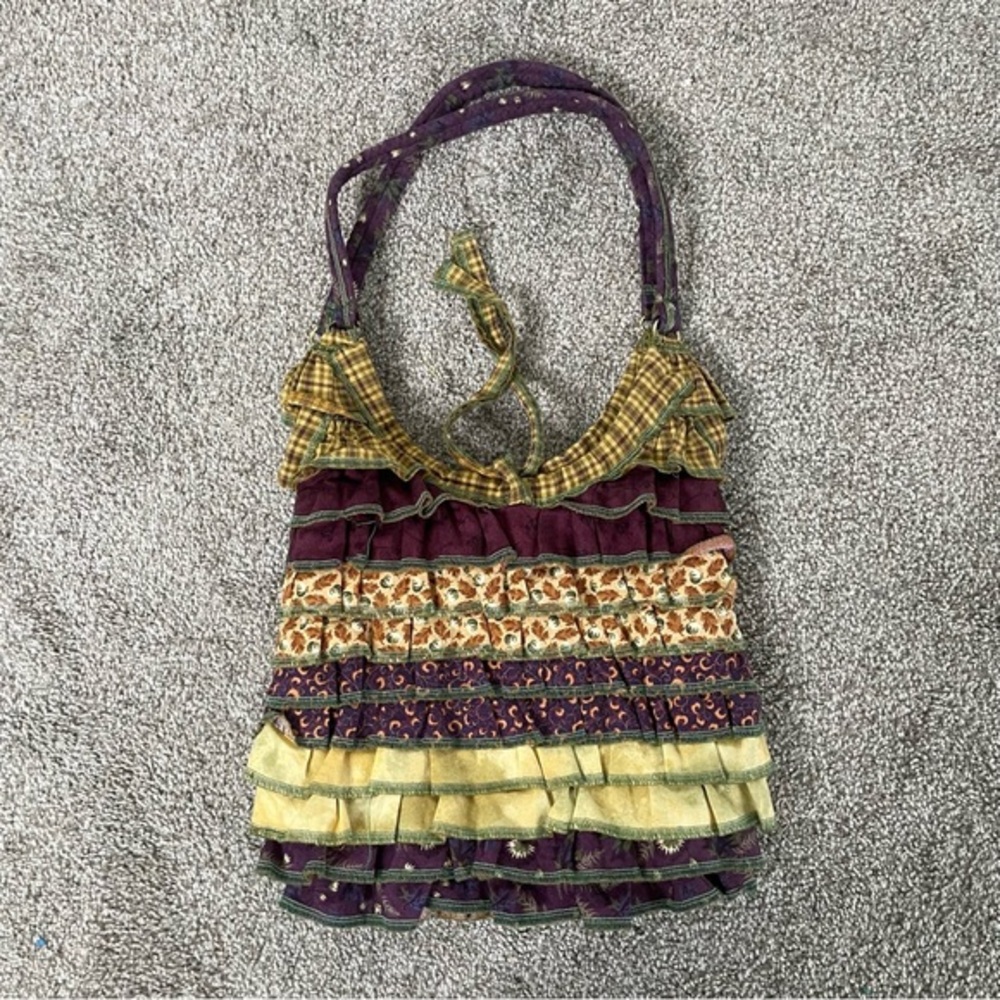 Womens Handmade Ruffle Cottagecore Boho Bag Mix Pattern Quilted Hobo Sack Purse